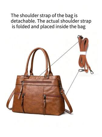 1pc Women's Solid Retro Brown Tote Bag, Large Capacity Multi-Zipper Pockets Handbag, PU Dual Handle Portable Outdoor Casual Business Versatile Shoulder Bag, Stitching Anti-Theft Crossbody Bag