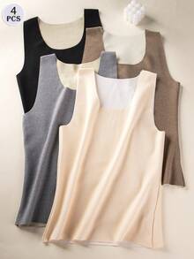 4pcs Women's Warm Pullover Tops, Fleece Lined Sleeveless Shirts, Suitable For Winter Wear, Soft Slim Fit Layering T-Shirts, Skin-Friendly Fabric, Comfortable Choice For All Day - Multicolor - View 11