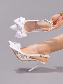 蕾丝拼布蝴蝶结尖头高跟鞋，性感白色婚鞋，超高跟时尚正式派对凉鞋，女士 - 白色 - 查看 1