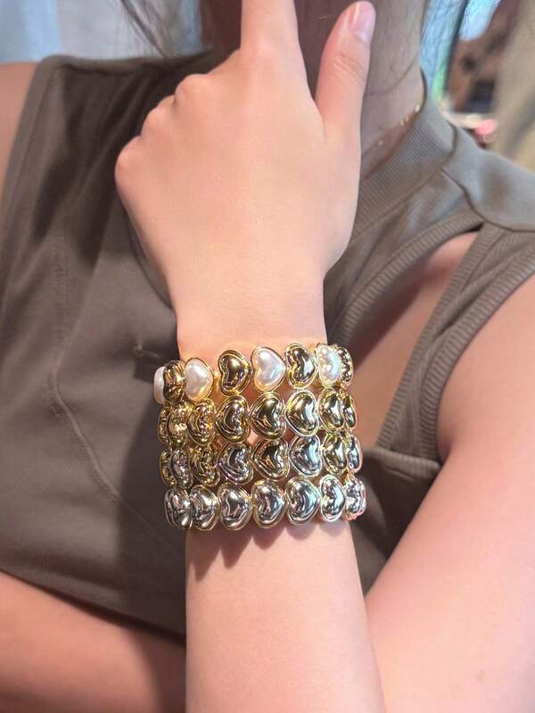 1pc Fashionable Minimalist Gold, Silver & Pearl Heart Combination Elastic Bracelet, Suitable For Men And Women For Daily Wear And Gatherings