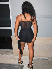 Steph T Blue-Gray Solid Color Bodycon Sleeveless Mini Dress With Ruching And Cutout Details, Summer - Black - View 4