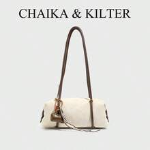 1個 CHAIKA & KILTER 素色麂皮面料肩背包，復古時尚波士頓枕頭包，雙手把與拉鍊開合的肩背法棍包，適合日常與戶外使用（附吊飾） - 米色 - 查看 8