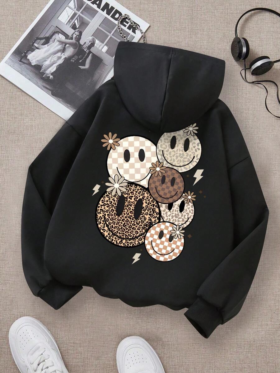 像素熔岩鸭印花图案卫衣，青少年/青年休闲风格，适合春秋季穿着，可用于购物、上学、聚会、旅行等场合。 - 黑色 - 查看 1