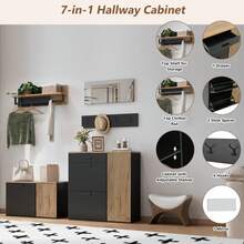 Wardrobe Set, Cabinet, Dresser, Mirror, 2 Shoe Racks, Without Decoration, Mirrored Wardrobe Panel, Coat Rack And 4 Hooks, Shoe Rack With Shoe Bench, Hallway With Storage Partition Wall - 天然+刨花板 - 查看 5