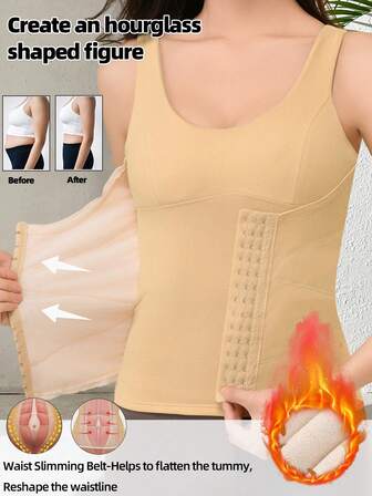 1PC Women'S Thermal Vest Tummy Control Waist Sliimmer Bra Thickened Warmth Adjustable Straps Solid Color Knitted Fabric Shapewear Top For Autumn Winter