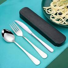 [3件套不锈钢餐具套装] 3件套不锈钢餐具带勺叉刀，便携式餐具，适合户外露营野餐旅行 - 彩色 - 查看 1