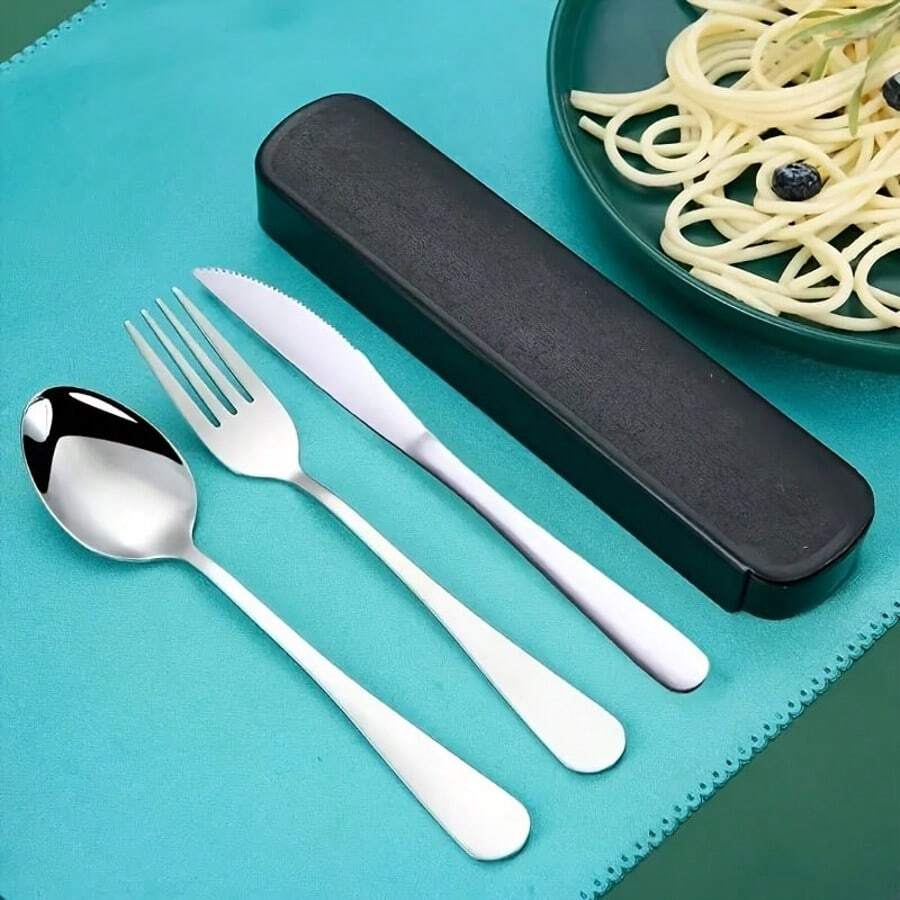 [3件套不锈钢餐具套装] 3件套不锈钢餐具带勺叉刀，便携式餐具，适合户外露营野餐旅行 - 彩色 - 查看 1