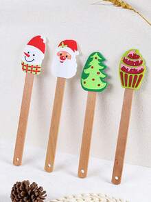 1pc Christmas Silicone Scraper With Wooden Handle, Christmas Icing Scraper, Beechwood Household Kitchen Baking Cream Cake Spatula Silicone Scraper - Multicolor - View 2