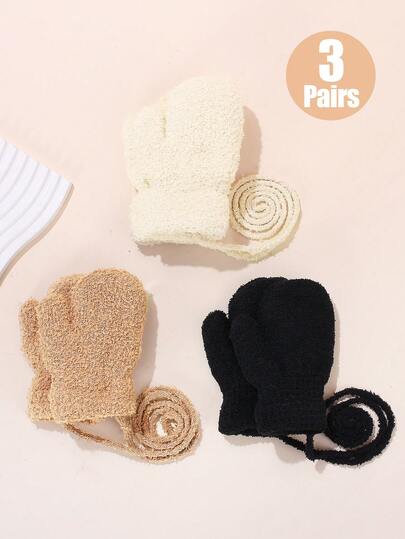 3双儿童冬季毛绒内衬针织保暖手套，带绳，适合幼儿和儿童