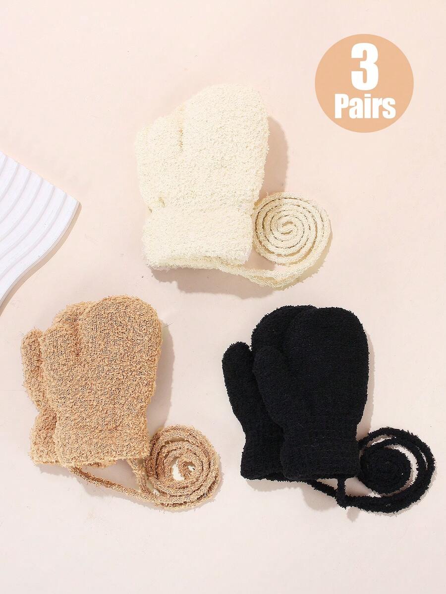 3双儿童冬季毛绒内衬针织保暖手套，带绳，适合幼儿和儿童