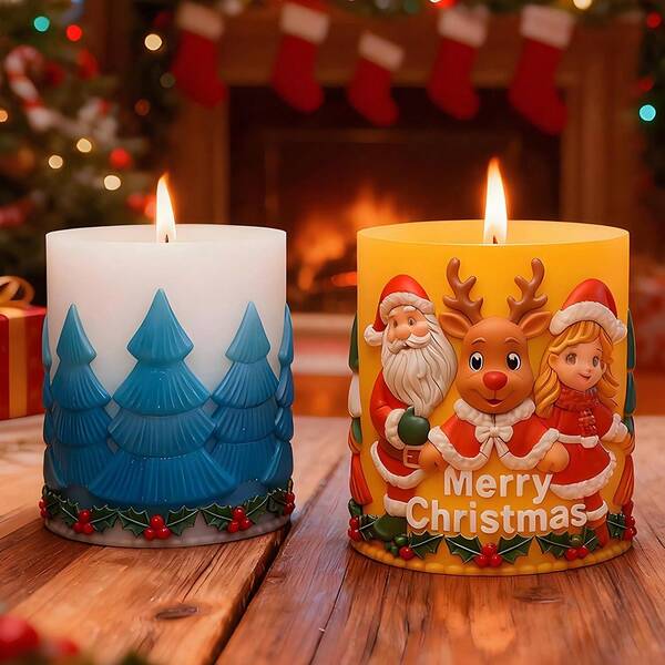 1 pieza Molde de vela en forma de cilindro con diseño de árbol de Navidad y Papá Noel, para hacer velas, jabones, decoraciones de fiesta y regalos manuales creativos