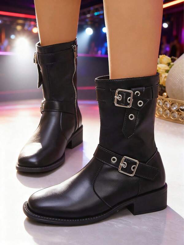 بوت نسائية بمقاس كبير 36-42 من البولي يوريثان بإبزيم مربع، بوت قصيرة كاجوال مريحة للارتداء اليومي، مناسبة للربيع والخريف