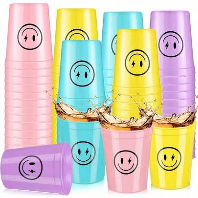 24 Pcs Smile Pattern Plastic Cups 16 Oz Reusable For Smile Face Design First Birthday Party Picnics Sports Event Wedding Bachelorette Decorations Funny