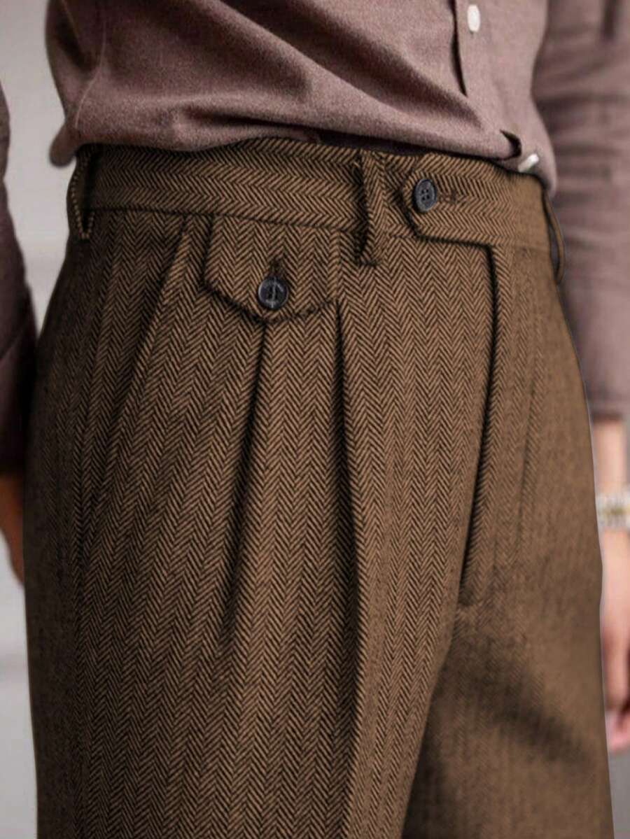 Mens Pants Tweed Herringbone Vintage Dress Pant Trousers Regular Fit Suit Pants For Men - 棕色 - 查看 1