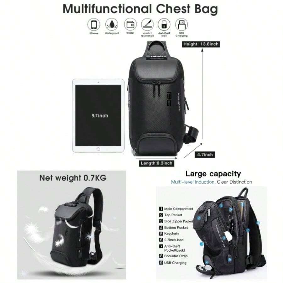 Sling Bag, Waterproof Men's Chest Bag Shoulder bags Crossbody Sling Backpack Menu2026 - Negro con candado - Ver 1