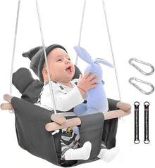Columpio para Bebé de Lona con Cinturón de , Cojíníble y Soporte de Madera, Uso Interior y Exterior, Hamaca Portátil para Niños de 6 Meses a 3 Años, para Casa, Patio y Jardín - 1 - Ver 10