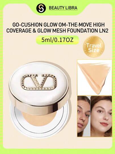 Valentino GO-CUSHION GLOW ON-THE-MOVE 高遮瑕和光泽网状粉底液 - 高遮瑕霜状粉底液、光泽粉底液、保湿配方网状粉底液、SPF 防护网状粉底液、旅行装粉底液、迷你装粉底液、颜色：LN2、5g/0.17OZ
