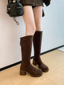 Western Style Casual Buckle Decor Holiday Chunky Heel Over-The-Knee Boots, New Autumn/Winter Slim Fit Square Toe Long Suede Fashion Boots - Brown - View 3