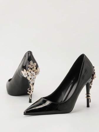 时尚金属花卉细高跟尖头女式正装鞋，优雅的欧式风格