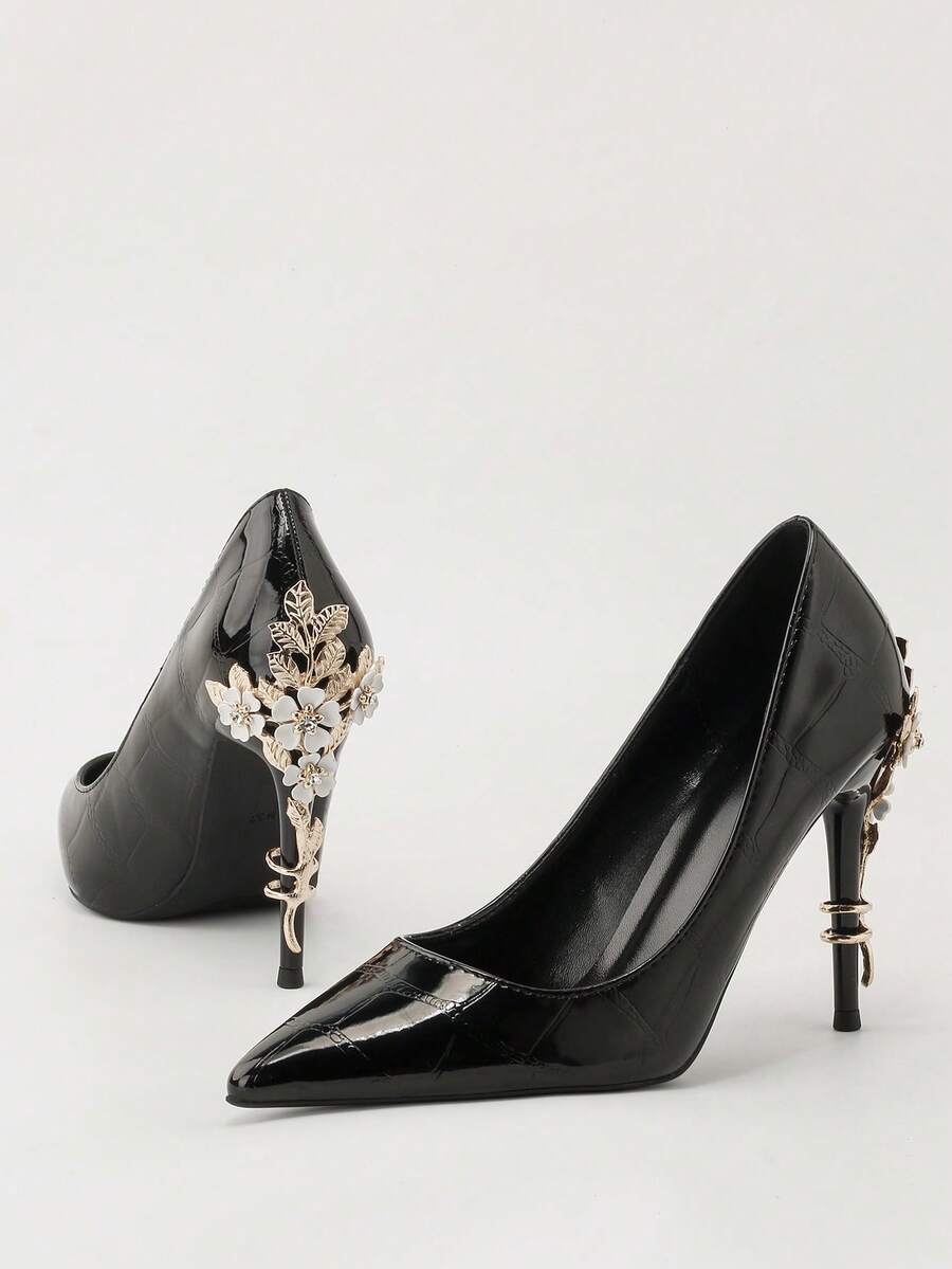 Fashionable Metallic Floral Stiletto High Heel Pointed Toe Women's Dress Shoes, Elegant European Style - White - View 1