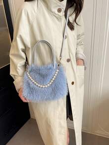 White Fluffy Handbag, Fashion Pearl Tote Bag, Faux Fur Bag, Versatile Shoulder Bag For Outings And Commute - Baby Blue - View 4