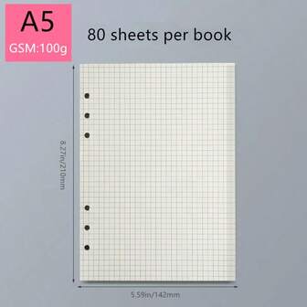 1 Pack 80 Sheets/160 Pages Refill Notebook Paper (Grid/Squared), 100g Thick Cream-Colored Dotted Liner Paper, Available In 3 Sizes: A6 (6 Holes, 105*170mm/4.13*6.69in), A5 (6 Holes, 142*210mm/5.59*8.27in), B5 (9 Holes, 182*255mm/7.16*10in)