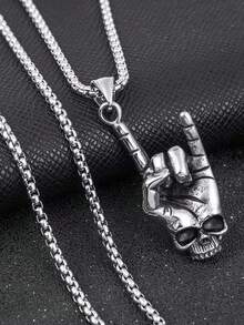 Dây chuyền kim loại hình đầu lâu và bàn tay lấy cảm hứng từ Punk - Phụ kiện nổi bật cho bé trai, Dây chuyền thời trang | Thiết kế đầu lâu và bàn tay | Hợp kim kẽm bền, Trang sức hình đầu lâu - Một cỡ - Xem 2
