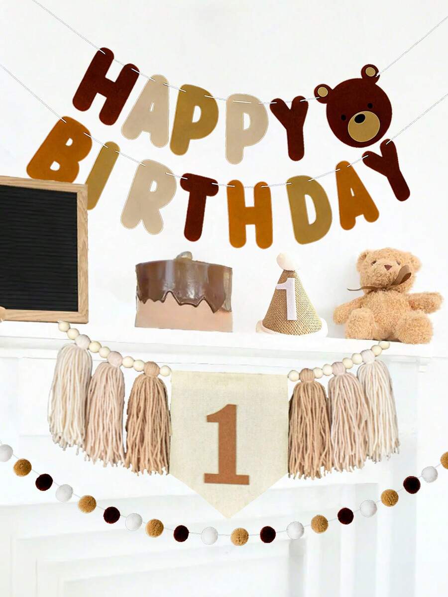 1/4件套手工小熊主题生日派对装饰套装，包含流苏花环、生日快乐横幅、毛毡绒球花环、生日锥形帽、蛋糕装饰插牌，适合生日派对装饰 - 彩色 - 查看 1