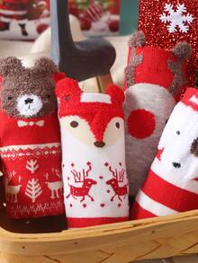 4 双女士圣诞中筒袜礼盒装，驯鹿、狐狸、雪人图案，适合居家、办公室、送礼 - 彩色 - 查看 7