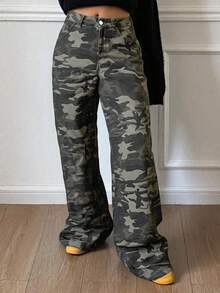 Livesso Women's Casual Camouflage Print Wide Leg Jeans - Blue - View 4