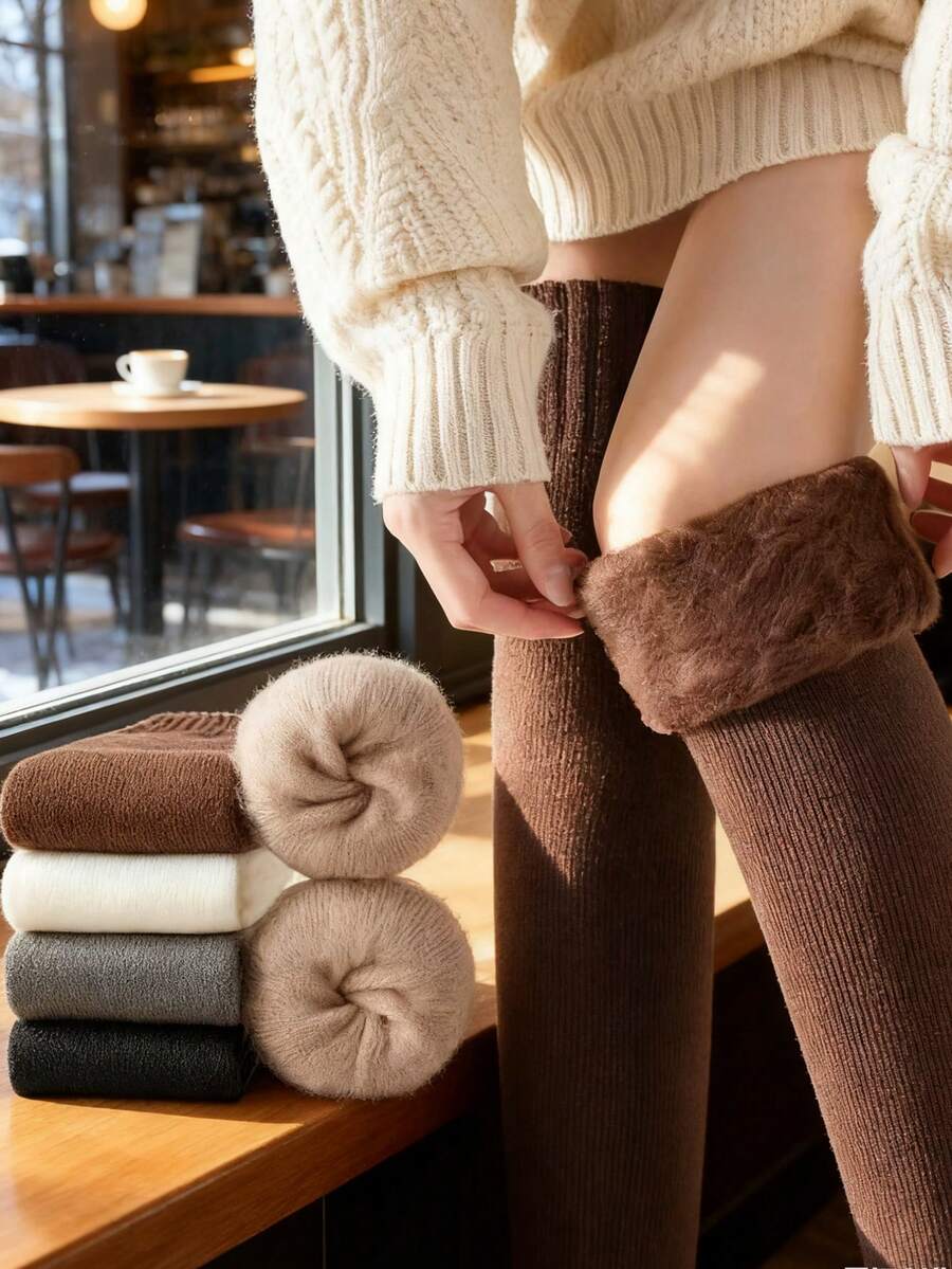 大腿及膝保暖长筒袜靴，中筒袜，舒适保暖袜 - 彩色 - 查看 1