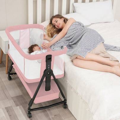 Baby Bassinet Bedside Sleeper For Baby, 7 Height Adjustment Bedside Bassinet For Newborn, 3 In 1 Sturdy Bassinets Co-Sleeper With Wheels And Soft Mattress