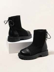 زوج من بوت الأطفال، بوت جديدة للخريف/الشتاء من قماش محبوك ولوح جلدي، بوت كاحل مزينة بالرباط بطراز عصري، مريحة مانعة للانزلاق برأس مستدير وكاحل متوسط، سميكة القاعدة ذات طراز بريطاني قديم، ضرورية للملابس اليومية والمدرسية في الخريف/الشتاء