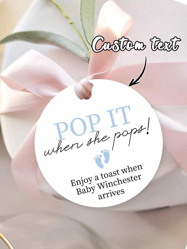 Etiquetas "Estoure e comemore", Etiquetas para lembrancinhas de chá de bebê com garrafas de champanhe, Etiquetas para presentes "Estoure e comemore quando o bebê chegar"