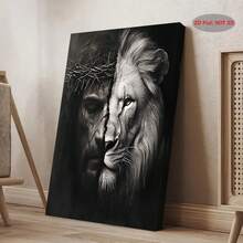1PC Jesus And The Lion Of Judah Canvas Painting - Black And White Religious Wall Art For Home, Church - Christmas, Easter, Featuring Lion And Jesus Split Face, Vintage Bohemian Style, Modern Wild Lion Wall Decor Art, Wood Frame Wall Art, Framed And Ready To Hang - 彩色 - 查看 2