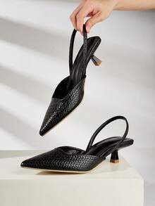 女士纯色皮革编织图案小猫跟鞋，优雅尖头高跟鞋，时尚踝带高跟鞋，正式场合婚礼派对鞋 - 黑色 - 查看 5