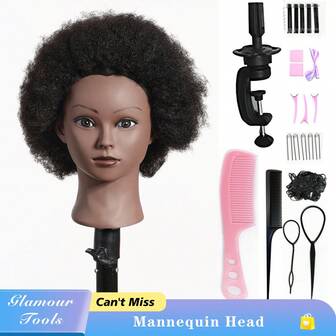 100% Human Hair Professional Model Head, Includes Adjustable Tripod, Canvas Head, T-Pin, Wig Cap, Model Training Base, Suitable For Display And Hairstyling Practice, Unisex Adult