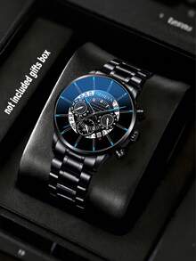 4-Piece Stylish Business Casual Men's Watch Set, Including A Stainless Steel Quartz Movement Watch, A Cross Necklace, A Bracelet And A Ring - Business Casual Style - The Perfect Gift For Him, Birthday Gift, Graduation Gift