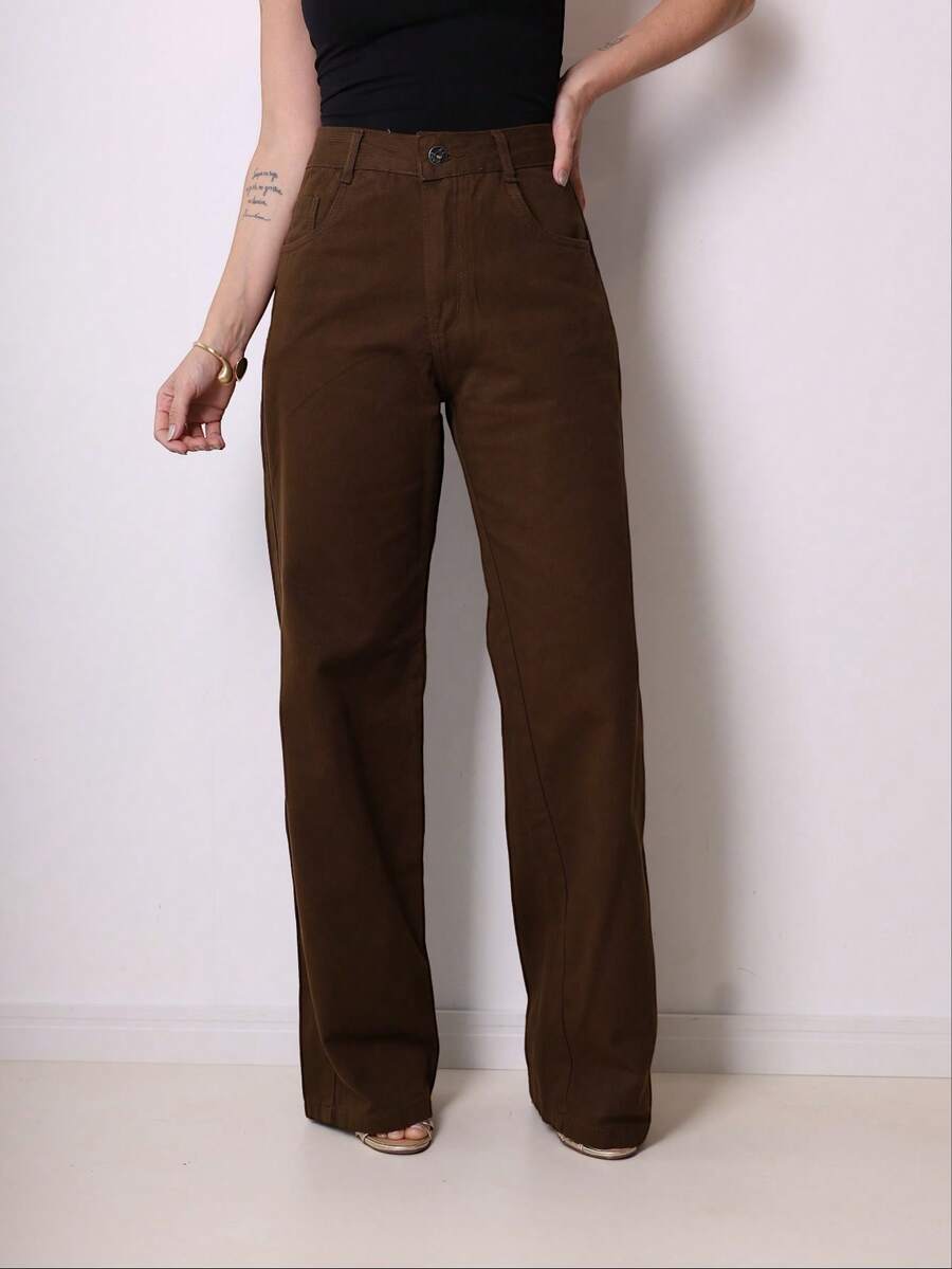 Women's Wide Leg Jeans, High Waist, Butt Lifting, 2025 - 咖啡棕 - 查看 1