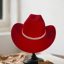 Cowgirl Hat for Women Classic Western Rolled Wide Brim Fedora Hat with Rhinestones White Bead Decorative Belt - Rojo - Ver 5