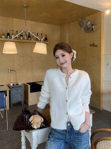 スイーヤ カーディガン レディース ニット ハート セーター リブ クルーネック 長袖 着回し おしゃれ 体型カバー 軽量 無地 二次会 カジュアル 通勤 オフィス トップス 秋 冬 - グリーン - チェックする 5