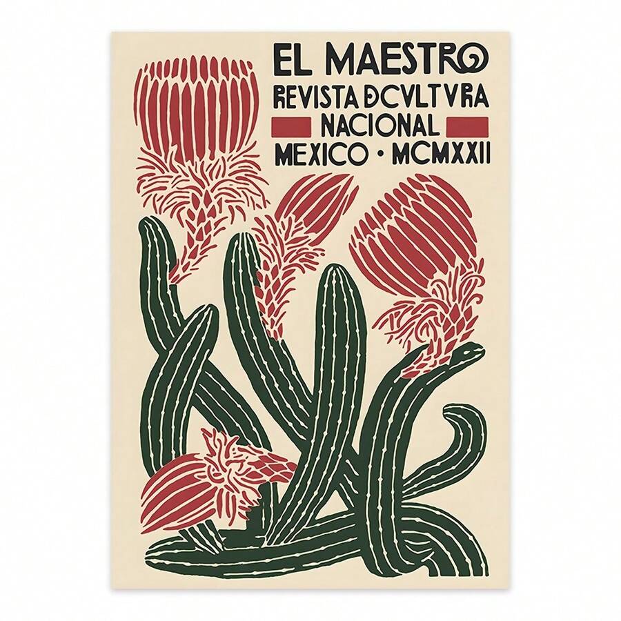 1pc Canvas Poster, Print Mexican Exhibition Poster, Botanical Poster, Vintage Mexican Culture Decor, Blooming Cactus, Canvas Painting Home Decor For Living Room Office Wall Art, No Frame
