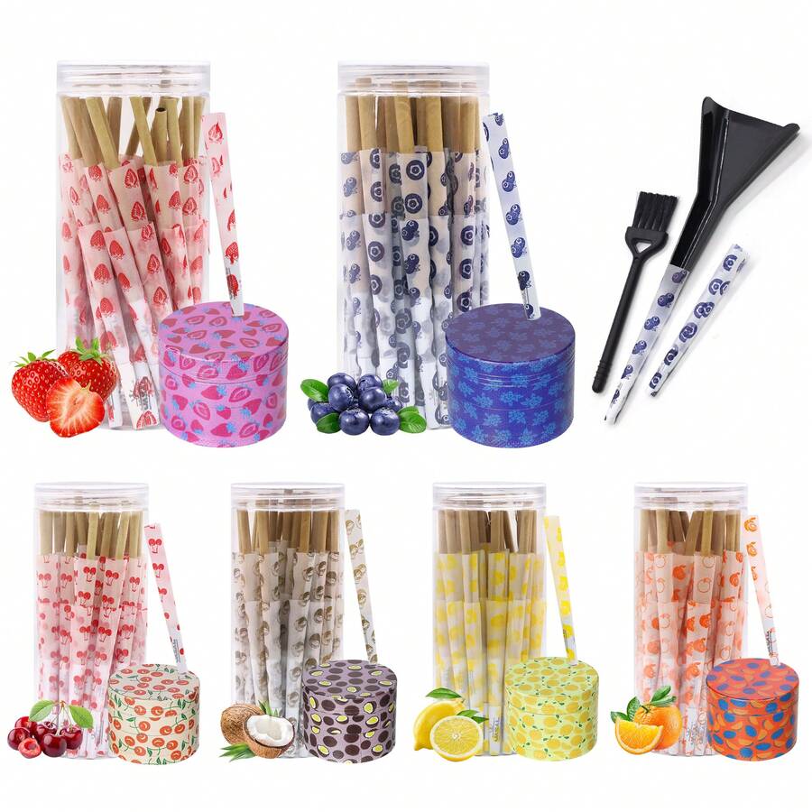 48pcs Fruit-Flavored Flavored Cones,Slow Burning,Fruit-Patterned Metal Grinder,Filler,Small Brush,Smoking Stuff,Easy To Use,Party Supplies, Gifts For Friends. - 彩色 - 查看 1