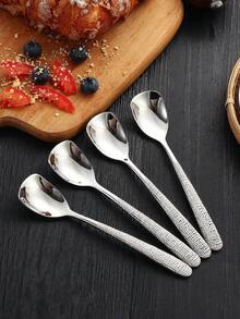 1pc Stainless Steel Flat Head Spoon, Hammered Texture Dessert Spoon, Western Dining Spoon, Meal Spoon, Ice Cream Spoon - Silver - View 4