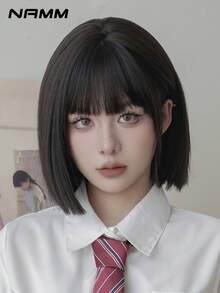NAMM 12 Inch Black Short Bob Wigs For Women - Elegant Short Straight Hair Wig With Bangs, Premium Silky Synthetic Heat Resistant Costume Wig For Daily Wear, School & Music Festivals Celebrations Use. ,Halloween Cosplay Anime Or Costume Use