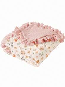 1pc Soft Cotton Floral Baby Blanket With Ruffled Edges, Cozy Infant Crib Quilt - Pink - View 11