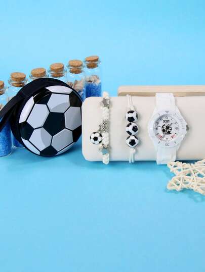 3件套男童足球石英表套装，配有柔软硅胶表带，2025足球设计手表+可调节编织绳手链*2+迷你金属零钱包（可装耳机和硬币），适合3-14岁男孩的生日、圣诞节、返校礼物，白色2