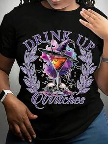 Women's Halloween Witch Cocktail Crew-Neck T-Shirt, Graphic Print, Low-Stretch Cotton Fabric, Featuring A Drink-Up Witch Print, Perfect For Halloween Parties And Costume Events (S-5XL).