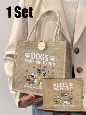Cute Puppy Themed Printed Linen Handbag With Button Closure And Sporty Style Design, Featuring A Puppy And "Dogs Make Me Happy". Reusable Large Capacity Handbag With Matching Small Bag, Suitable For Match Days, Daily Leisure, Travel, Leisure Outings, And Sports Enthusiasts. Ideal Gift For Women Who Love Sports, Christmas Gift, Thanksgiving Gift, Birthday Gift