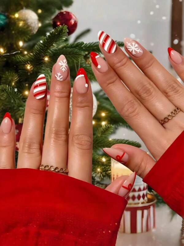 24 pezzi di unghie finte stile natalizio a mandorla con punte francesi, unghie Y2K rosa di media lunghezza, con motivi di glitter ombré, geometrici, a strisce, fiocchi di neve, cappelli natalizi e fiocchi, stile semplice, riutilizzabili, con 24 pezzi di linguette in gel e una mini lima inclusi